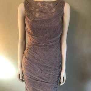 “NEW ARRIVALS” Tadashi Shoji Brown Pleat Dress with brown lace Size 8 P